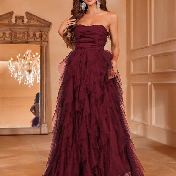 Burgundy Preppy Womens Solid Ruched Tube Wedding Dress - Picture 3 of 5